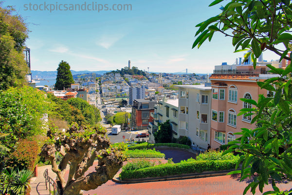 Lombard Street San Francisco California View of Coit Tower Bay Bridge